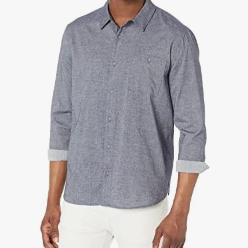 🔥 PAIGE Men’s Grey Blue Chambray Denim Button Down Shirt Large L EUC 🔥